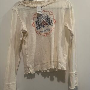 Free People Cream Long Sleeve Top with Embroidered Cabin Design